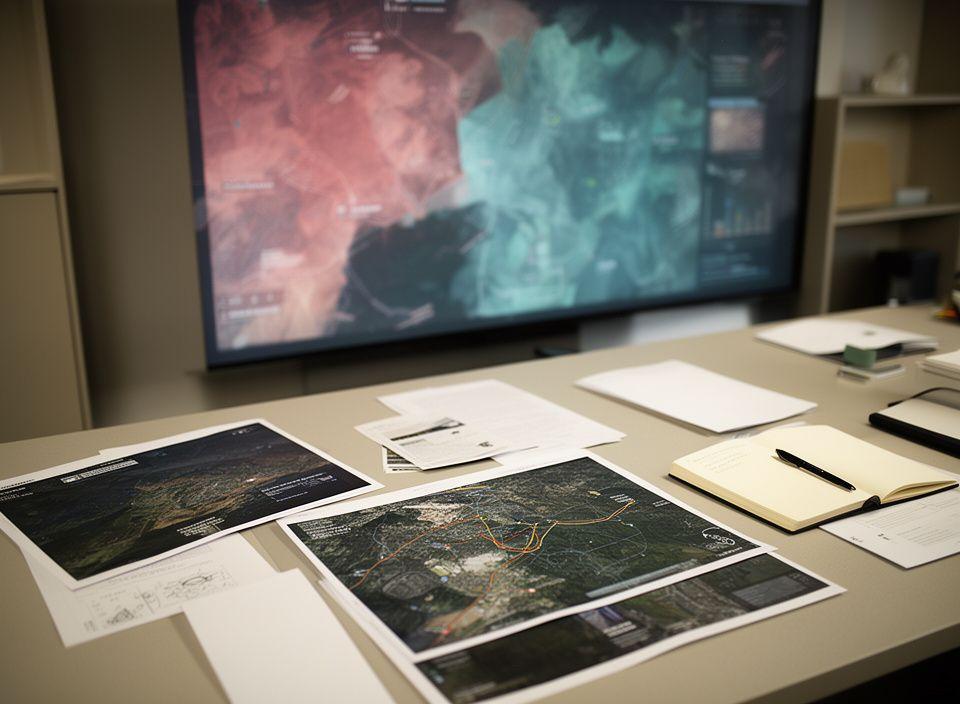 Desk with layered satellite imagery prints, route annotations, and a large display showing predictive map overlays