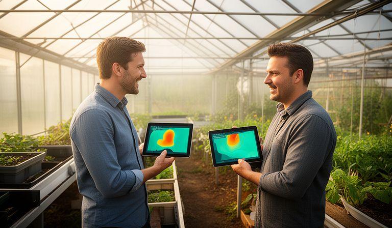 Agri-tech specialists discussing predictive field maps beside a greenhouse with tablet dashboards and crop imagery