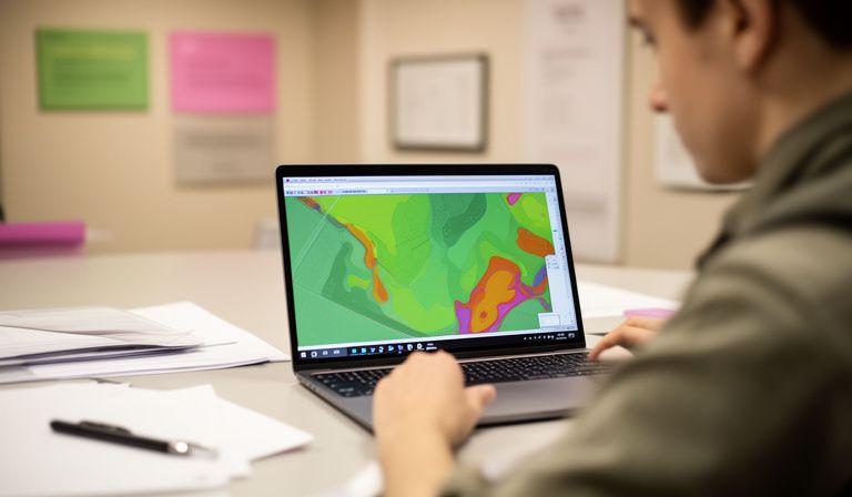 Council GIS specialist comparing satellite feature extraction results on a laptop in a municipal planning office