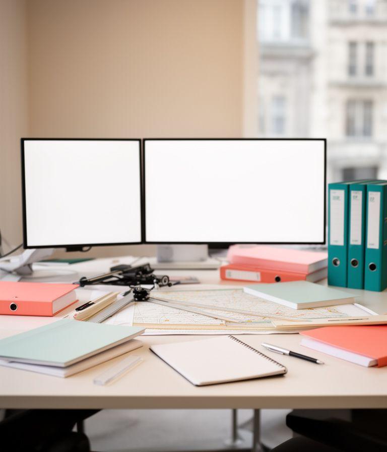 Modern Dublin office desk with cartography screens, notebooks, and a calm meeting setup
