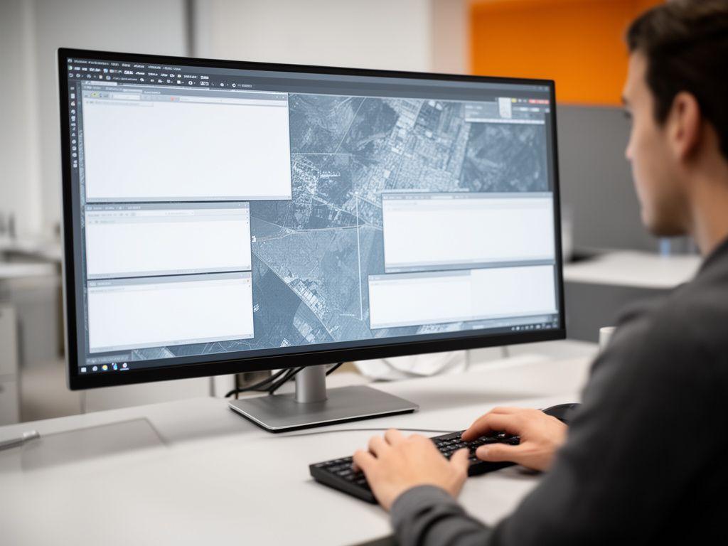 Analyst reviewing extracted satellite features on a large monitor beside layered map tiles and annotation panels