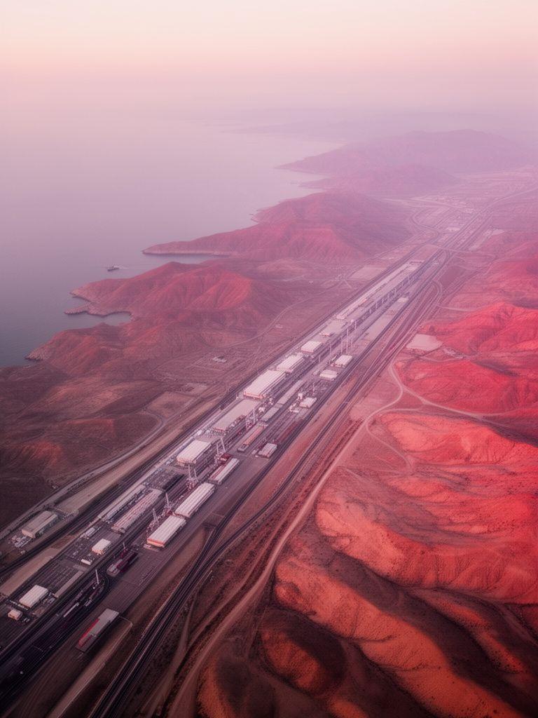 Aerial satellite view of a coastal logistics corridor with warm evening light and layered terrain detail