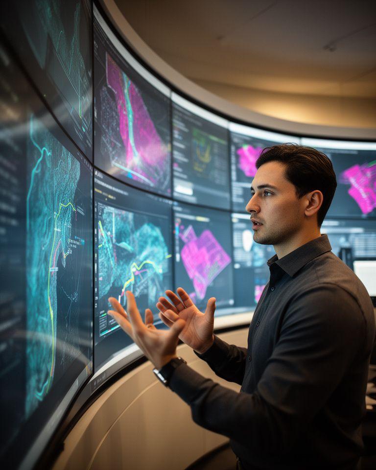 Analyst reviewing layered geospatial dashboards on a large curved display in a modern operations room