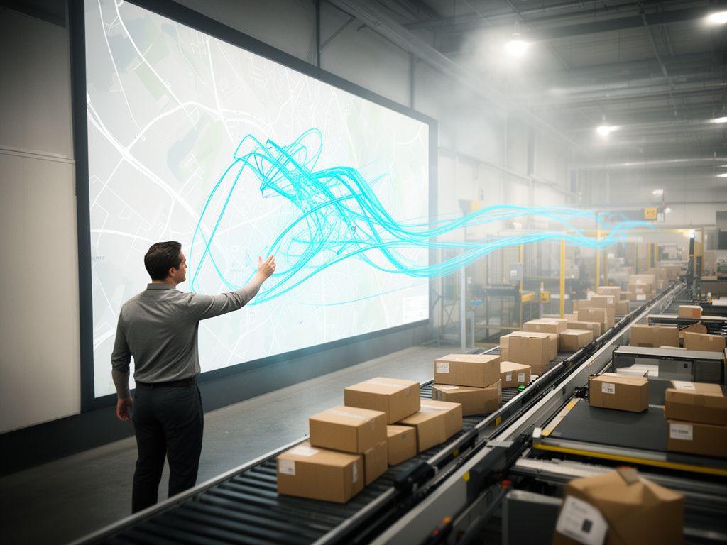 Fleet planner tracing delivery routes across a digital map wall beside parcel sorting lanes in a logistics depot