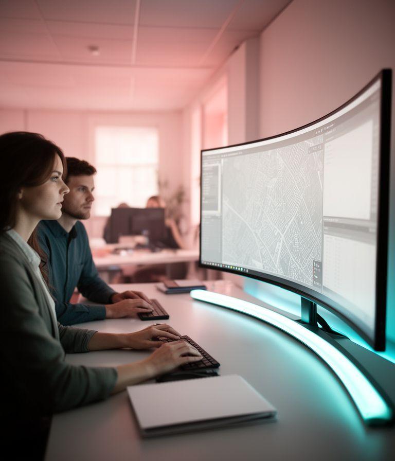 Data specialists reviewing satellite map outputs on a curved workstation in a Dublin office