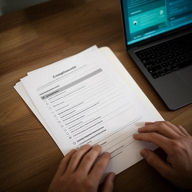 Close-up of a compliance checklist beside a laptop and notebook on a wooden desk