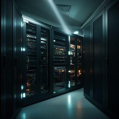Secure server racks glowing softly in a controlled data room with neat cable runs