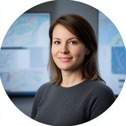 Portrait of a GIS lead in a studio office with maps displayed softly out of focus behind her